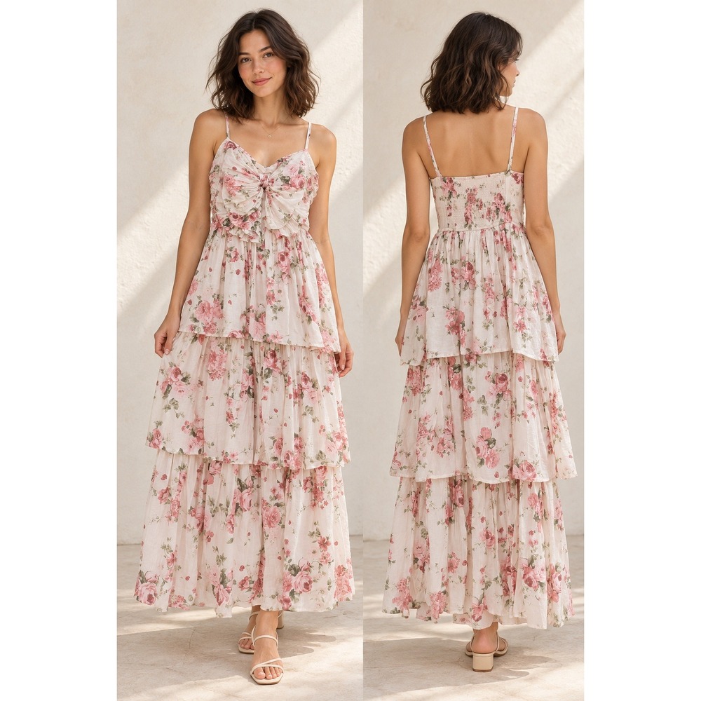 Boho Cottagecore Floral Tiered Pink Cream Bow Front Ruffles Layers M Maxi Dress